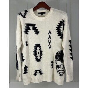 Skull Cashmere Wool Blend Sweater Ivory with Black Designs Women’s Sz L Chic